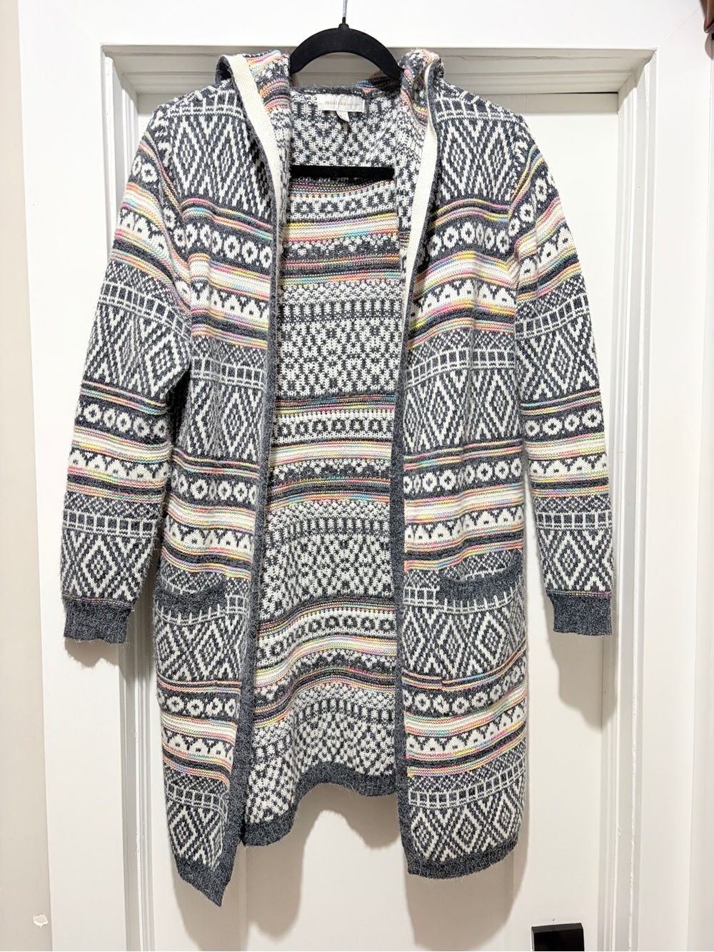 Monteau Gray Hooded Knit Cardigan with Multicolor Stripes